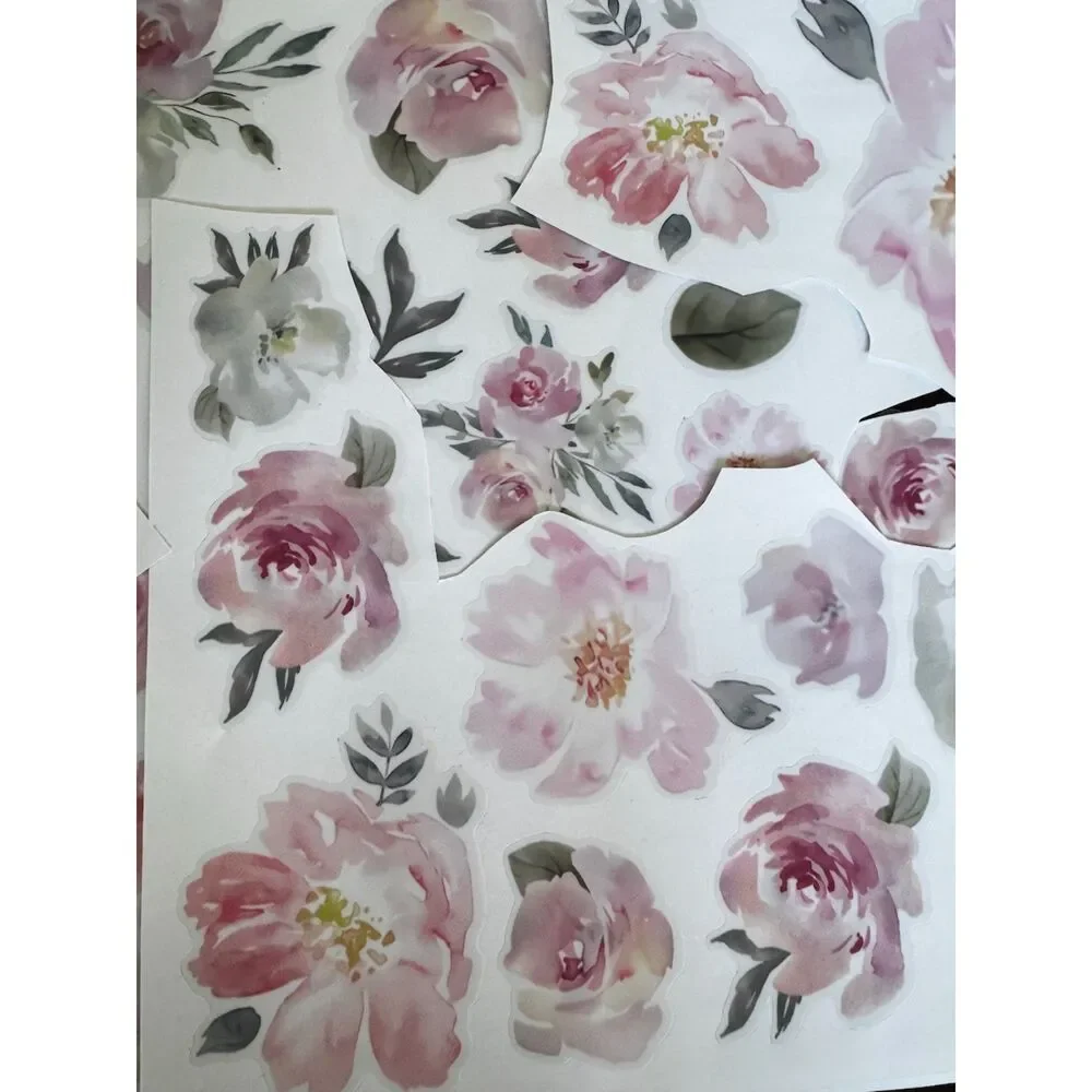 Toarti Vinyl Wall Decals Pink Poppy Roses Flowers Leaves Peel & Stick Decor (54)